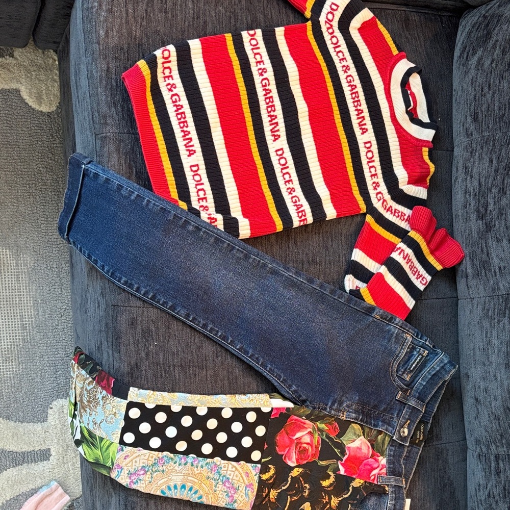 Dolce & Gabbana Red Striped Sweater with Blue Jeans